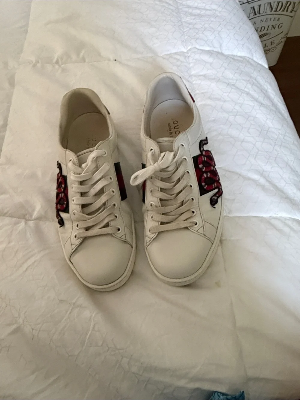 Gucci White Leather Sneakers with Red & Green Stripe and Snake Embroidery